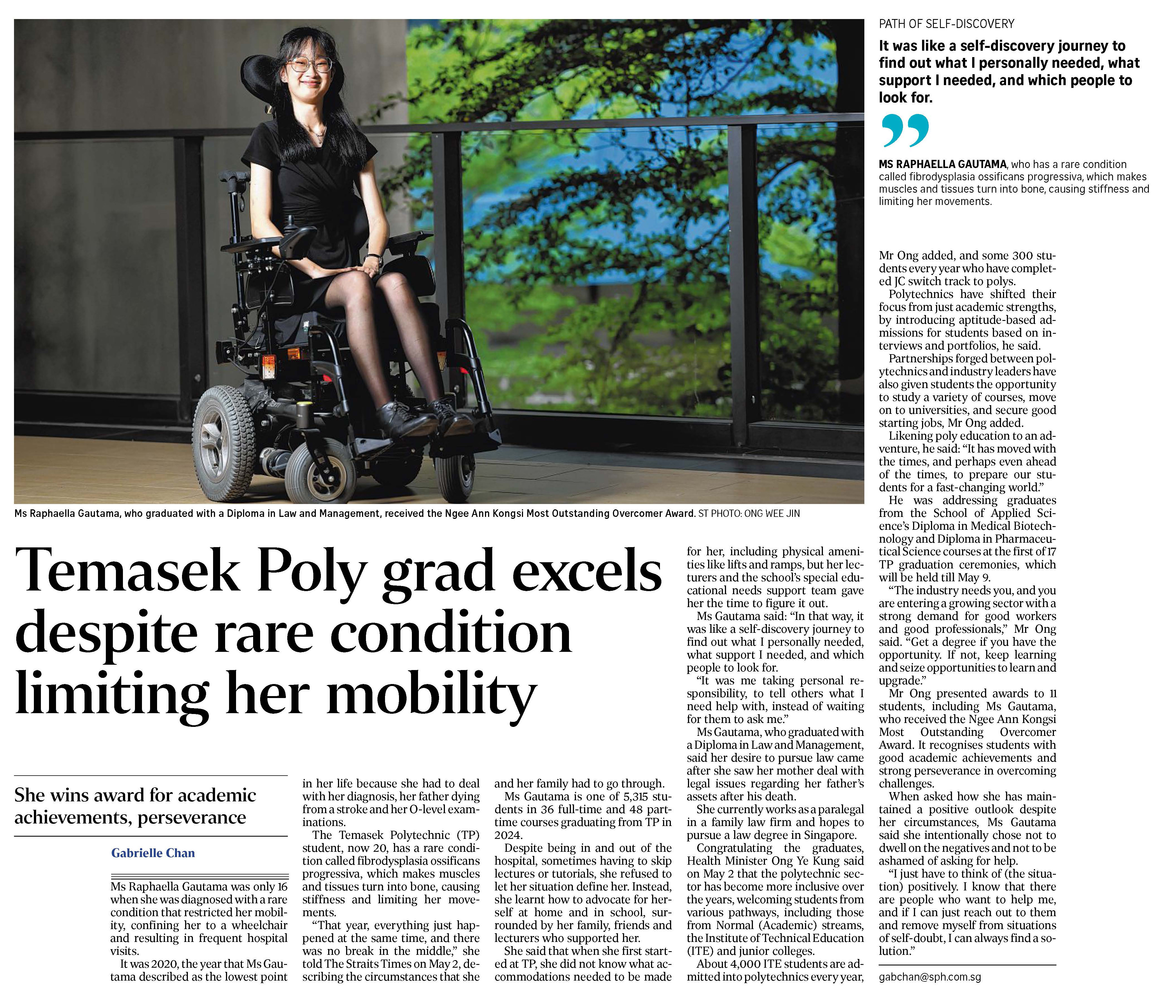 Temasek Poly grad excels despite rare condition limiting her mobility 