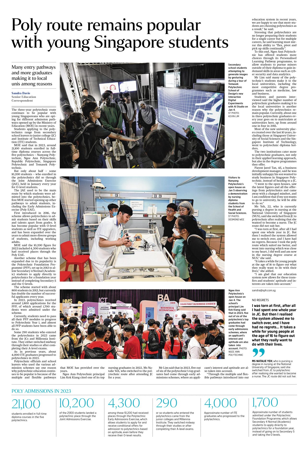 The three-year polytechnic route continues to be popular with young Singaporeans who are opting for different admission pathways opened up by the Ministry of Education (MOE) in recent years. Students applying to the polytechnics range from secondary school leavers to junior college (JC) and Institute of Technical Education (ITE) students. MOE said that in 2023, around 21,100 students enrolled in full-time diploma courses across the five polytechnics