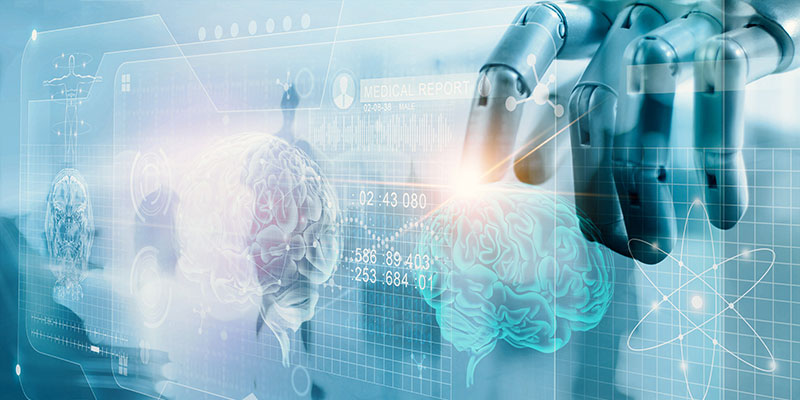 Robot checking brain testing result with computer interface, fut