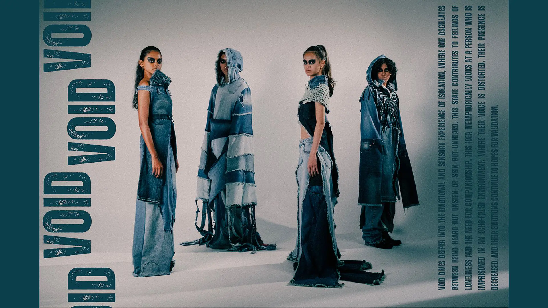 Temasek Polytechnic’s student apparel exhibit showcases four models dressed in distressed denim designs.