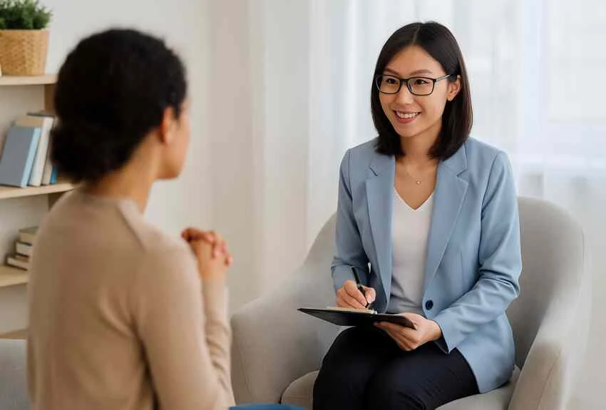 A female counsellor smiles while talking to a client during a one-on-one session in an office.