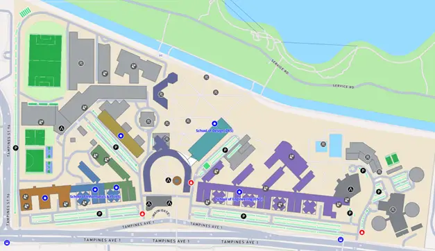 A 2D campus map of Temasek Polytechnic indicating key locations.