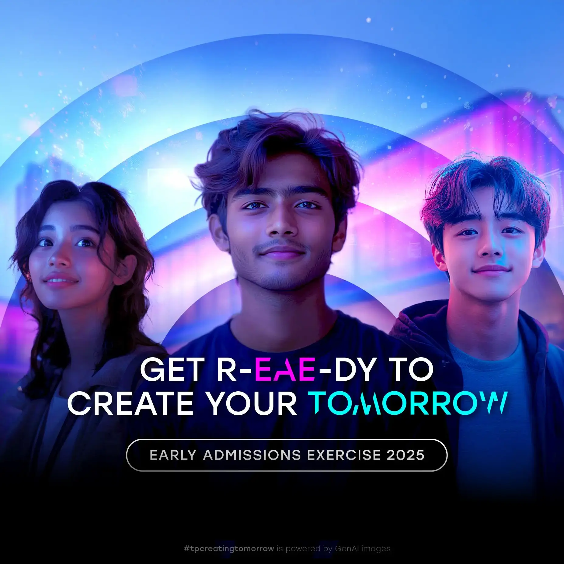 Three smiling Temasek Polytechnic students promoting the Early Admissions Exercise (EAE) 2025, reflecting student confidence, support, and excitement to apply early.