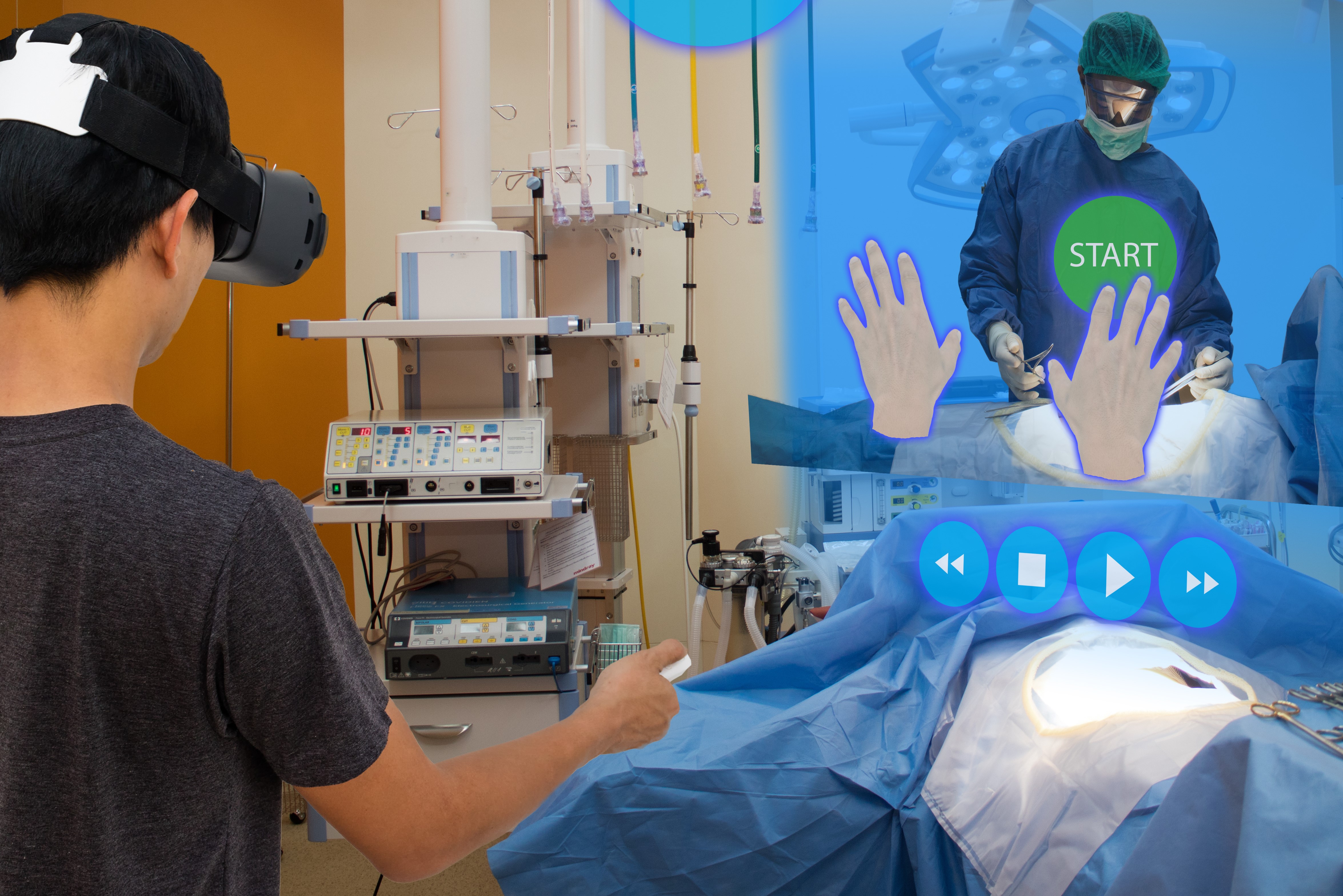 Smart medical with augmented and virtual reality technology concept, medical student use ar and vr for practice the surgery simulation to assist the doctor in vr in operation room to feel like a real 