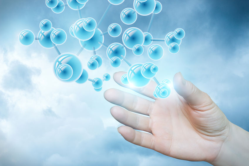 Structure of the molecule in hand . Structure of the molecule in hand on light blue background.
