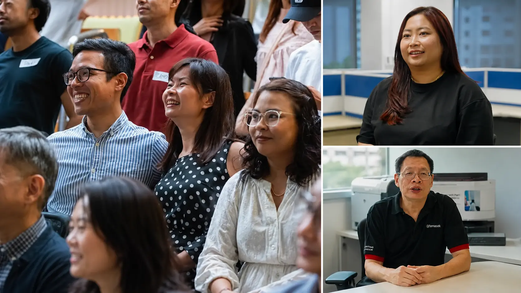 Adult learning orientation with smiling learners, IT leader Dr Eng, and graduate Si Yi, showcasing community, expertise, and career growth.