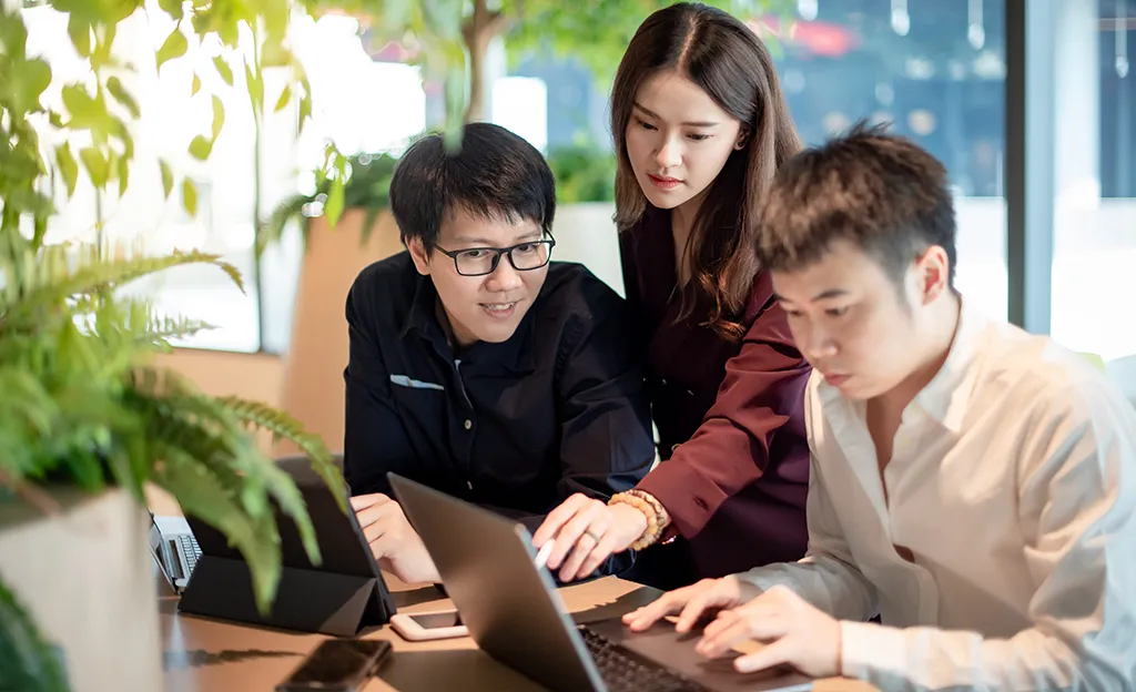Adult learners working together on laptops, upgrading skills through flexible part-time diploma and post-diploma programmes for career advancement.