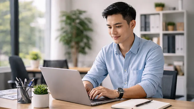 Asian professional using a laptop while developing practical AI skills for productivity, responsible adoption and workplace transformation.