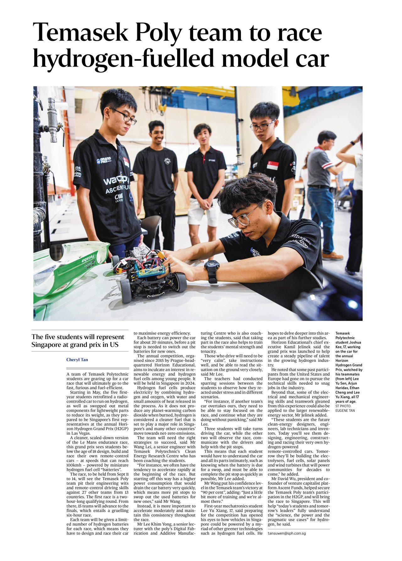 Temasek Poly team to race hydrogen-fuelled model car 