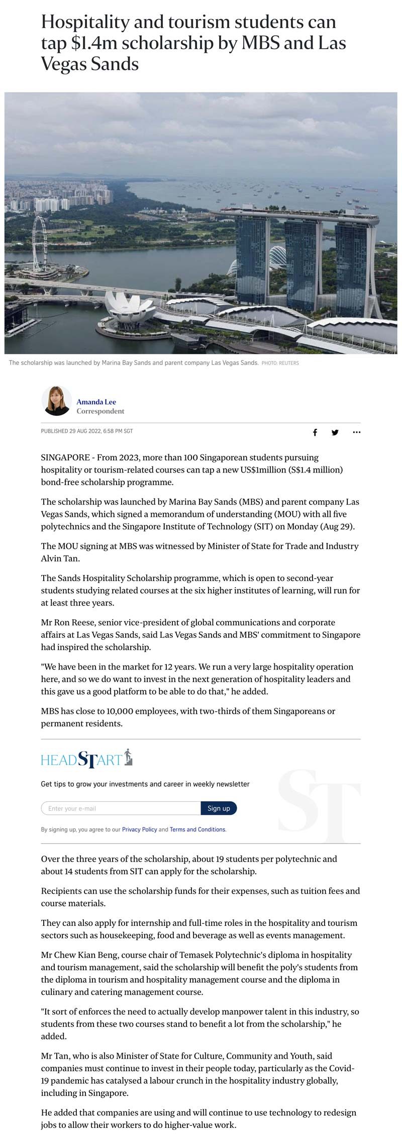 Hospitality and tourism students can tap $1.4m scholarship by MBS and Las Vegas Sands