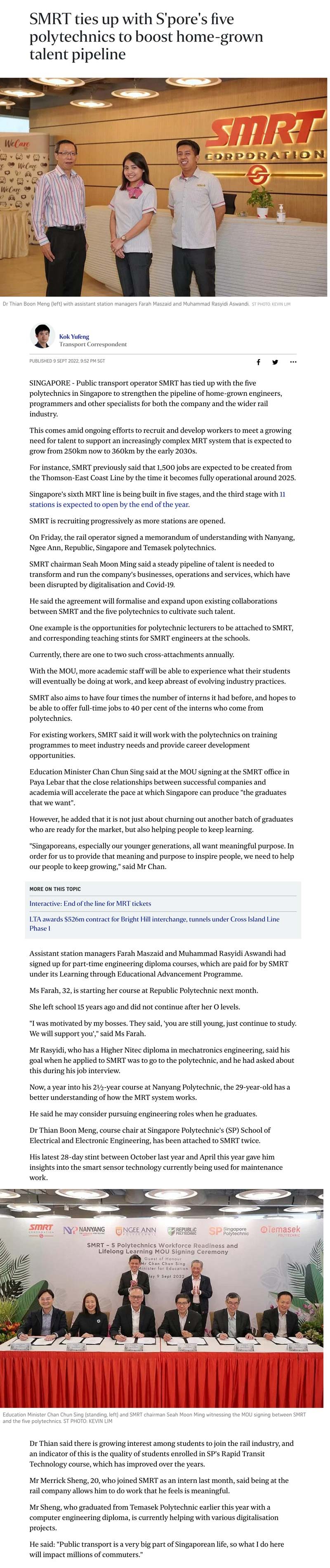 SMRT ties up with S'pore's five polytechnics to boost home-grown talent pipeline