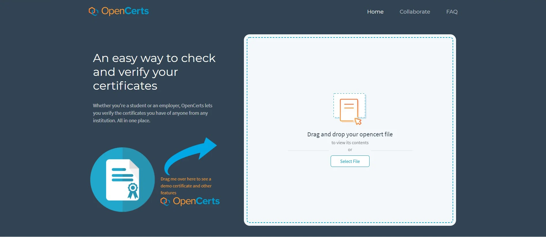 Step 3: Go to OpenCerts Website link to drag and drop your OpenCerts file.